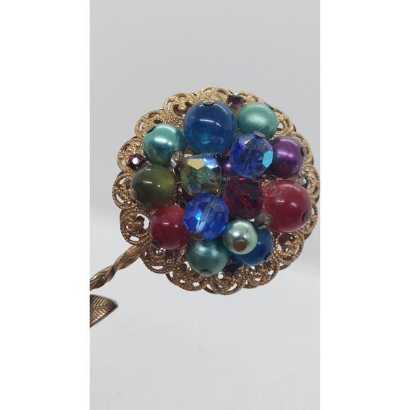 Vintage Ornate Flower Brooch Gold Filigree Beads Faux Pearl Rhinestone Haskell ? - Picture 5 of 11